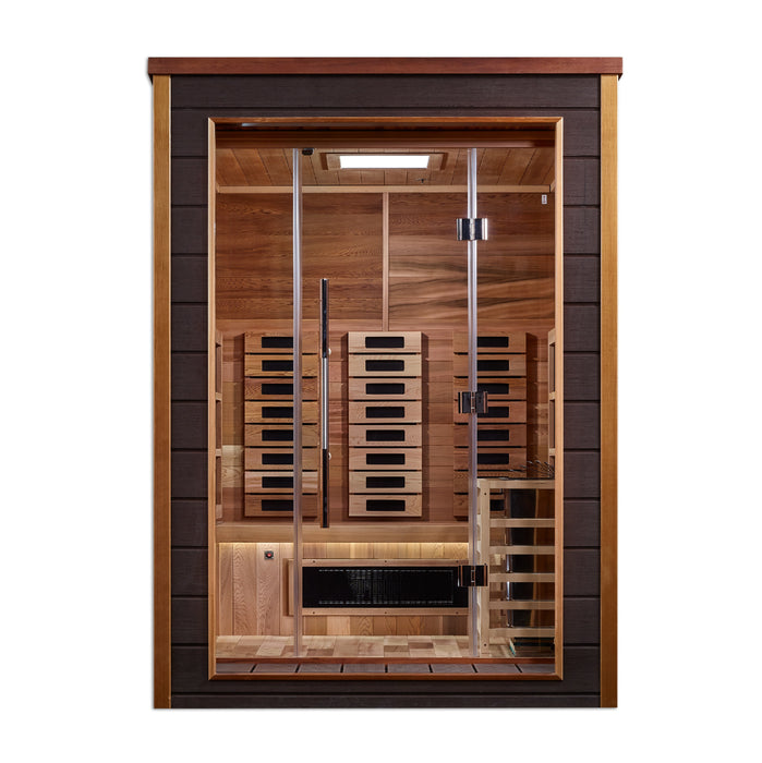 Golden Designs Nora 2 Person Hybrid (PureTech™ Full Spectrum IR or Traditional Stove) Outdoor Sauna - Canadian Red Cedar Interior