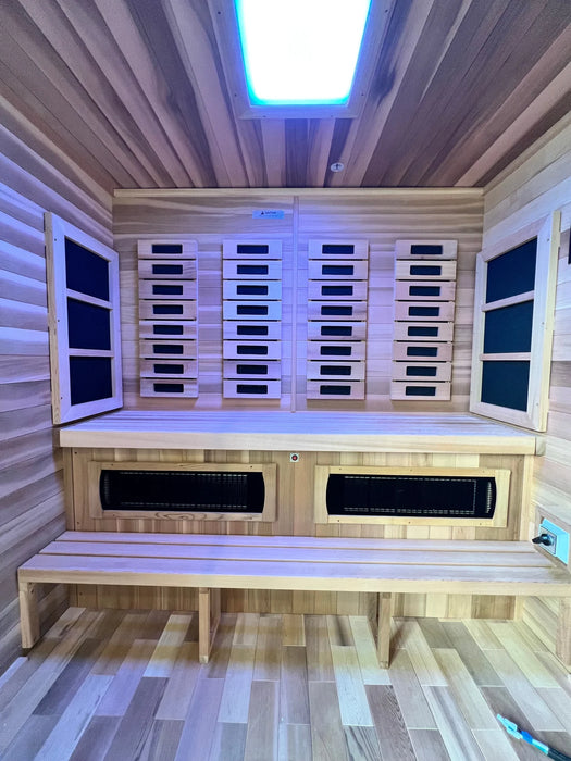 Golden Designs Karlstad 6-Person Outdoor Hybrid Sauna – Infrared + Traditional Stove – Cedar