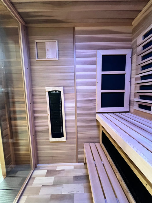 Golden Designs Karlstad 6-Person Outdoor Hybrid Sauna – Infrared + Traditional Stove – Cedar