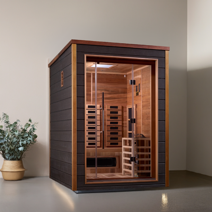 Golden Designs Nora 2 Person Hybrid (PureTech™ Full Spectrum IR or Traditional Stove) Outdoor Sauna - Canadian Red Cedar Interior