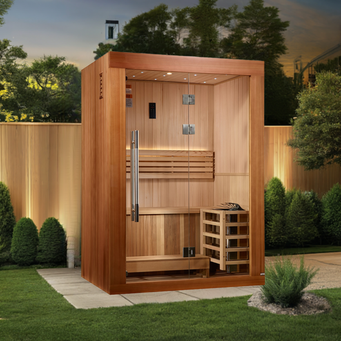 Golden Designs Sundsvall 2-Person Indoor Traditional Sauna – Harvia 6kW Heater, Canadian Red Cedar