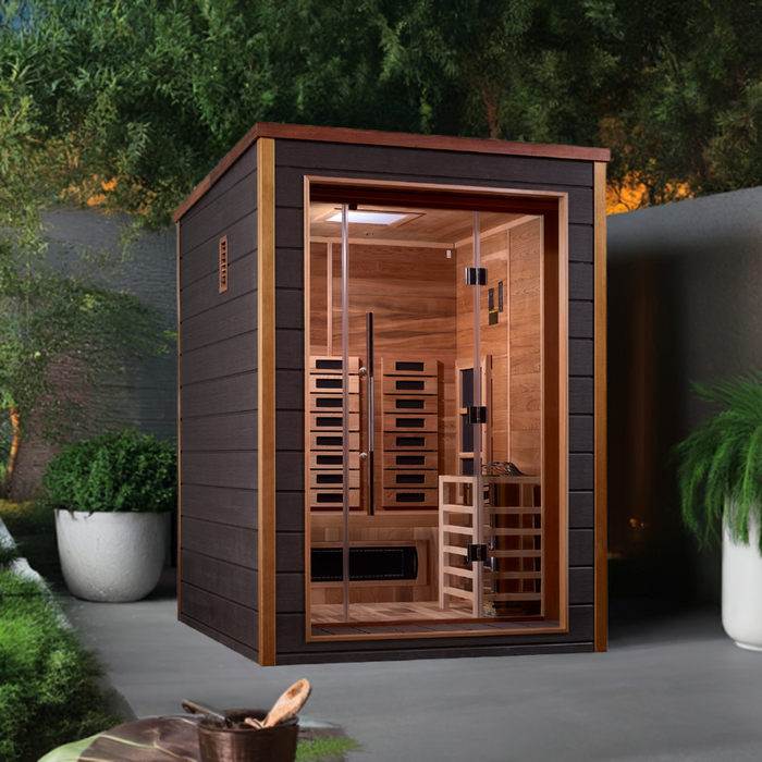 Golden Designs Nora 2 Person Hybrid (PureTech™ Full Spectrum IR or Traditional Stove) Outdoor Sauna - Canadian Red Cedar Interior