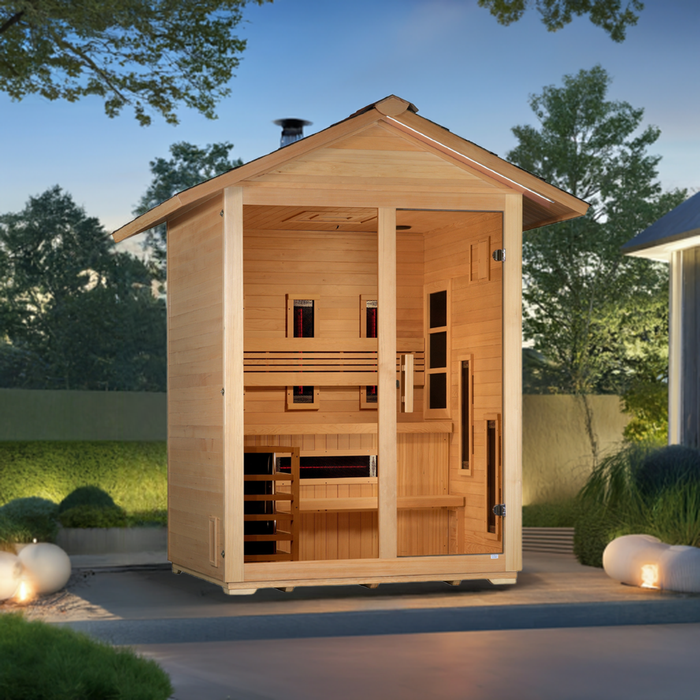 Golden Designs "Carinthia" 3 Person Hybrid (PureTech™ Full Spectrum IR or Traditional Stove) Outdoor Sauna - Canadian Hemlock