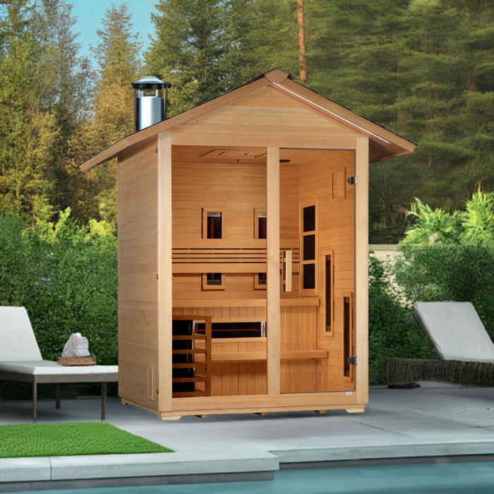 Golden Designs "Carinthia" 3 Person Hybrid (PureTech™ Full Spectrum IR or Traditional Stove) Outdoor Sauna - Canadian Hemlock
